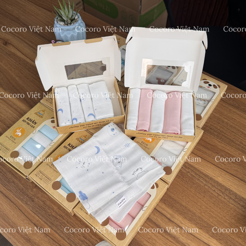 Hộp 5 Khăn Sữa Manny Sợi Tre Lụa 30x30CM - Mềm Mại, Thấm Hút Tốt Cho Bé Sơ Sinh - Cocoro Baby