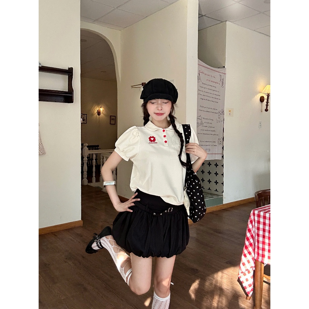 Set Nữ ARVID Áo Tay Bồng Cut Out Ngực Phối Chân Váy Bí Cá Tính SECODEE (BÁN LẺ)