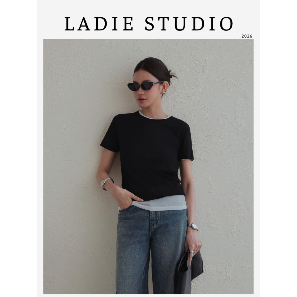 [LADIE STUDIO] Áo thun nữ 2 lớp cổ tròn – áo thun ôm dáng phối viền thanh lịch dễ phối đồ AO06