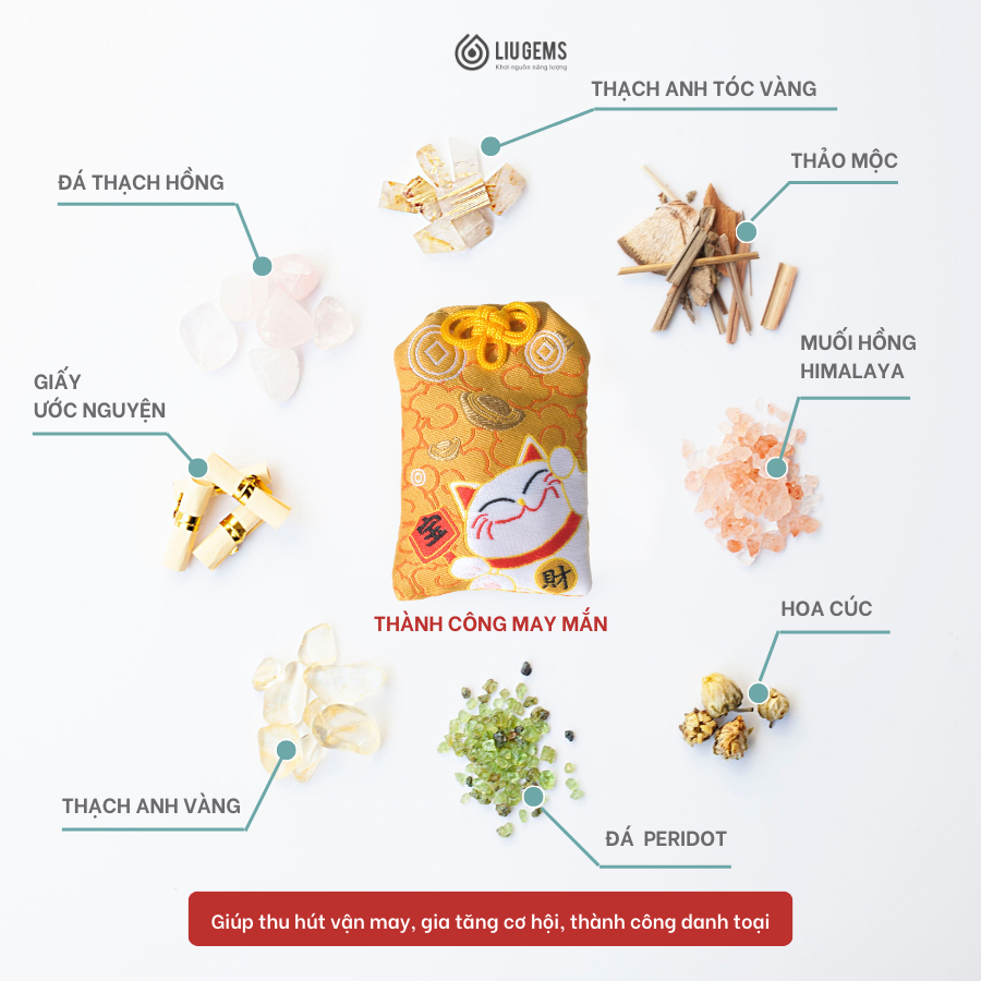 Túi Phước Omamori May Mắn Liugems Đeo Bên Người, Mix Đá, Thảo Mộc, Muối Hồng Himalaya Mang Tài Lộc, Tình Yêu PK01