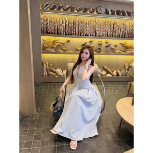 Váy kẻ maxi chiết eo KhanhLe ( Chuẩn Tag Fubao )