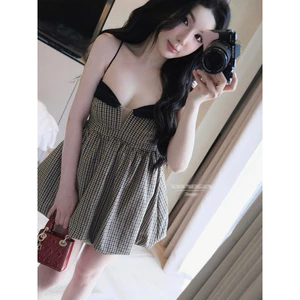 Đầm 2 dây babydoll kẻ bí phồng Linh Hoàng