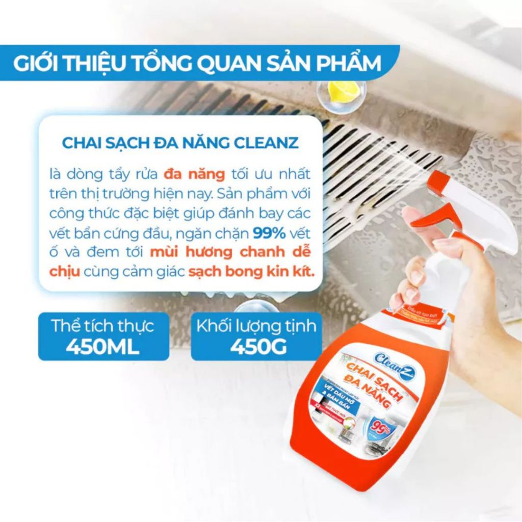 Chai sạch nhà bếp Cleanz hương chanh dung tích 450ml, chai xịt tẩy dầu mỡ cặn bám nồi chảo inox