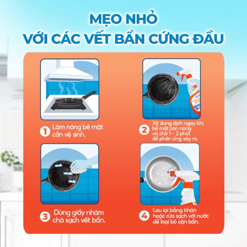 Chai sạch nhà bếp Cleanz hương chanh dung tích 450ml, chai xịt tẩy dầu mỡ cặn bám nồi chảo inox