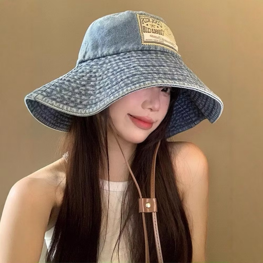 Mũ bucket jean nữ vành rộng có dây rút - Nón tai bèo denim phong cách Hàn Quốc