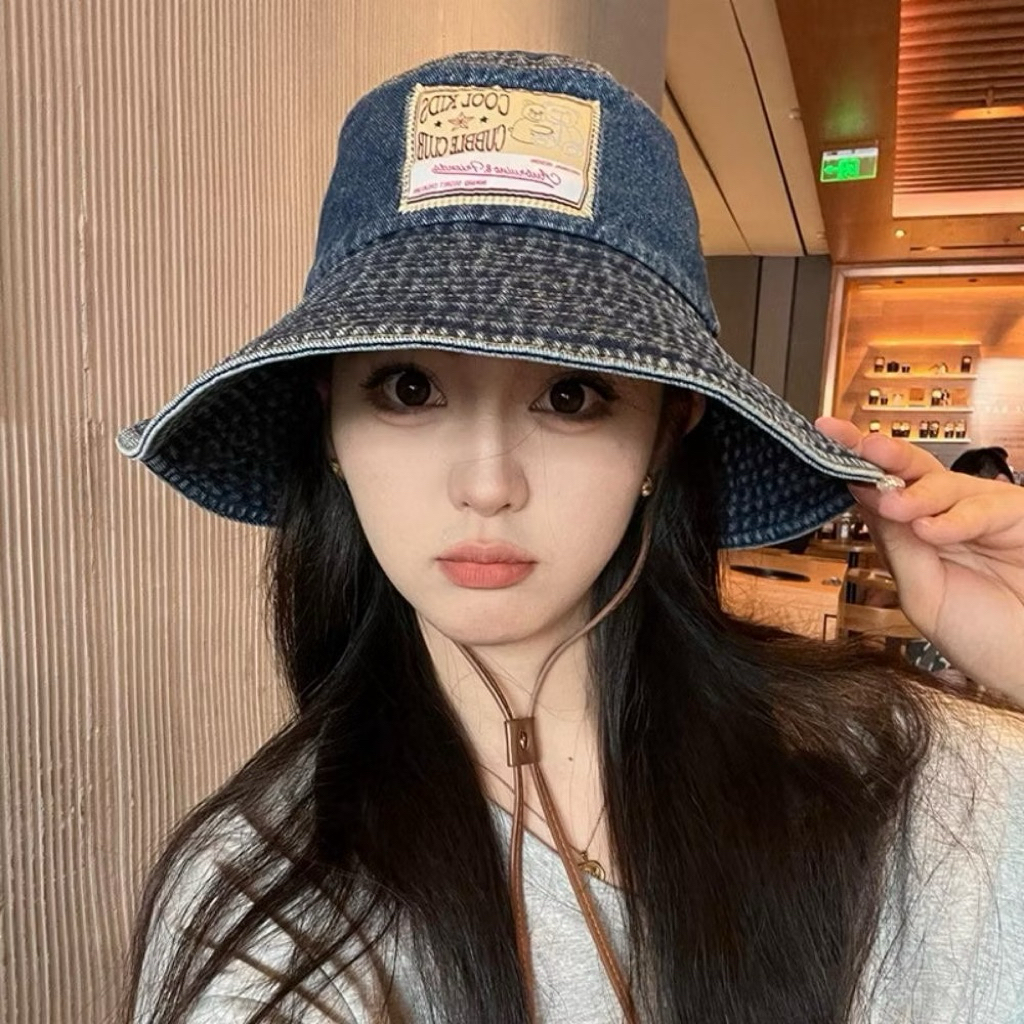 Mũ bucket jean nữ vành rộng có dây rút - Nón tai bèo denim phong cách Hàn Quốc