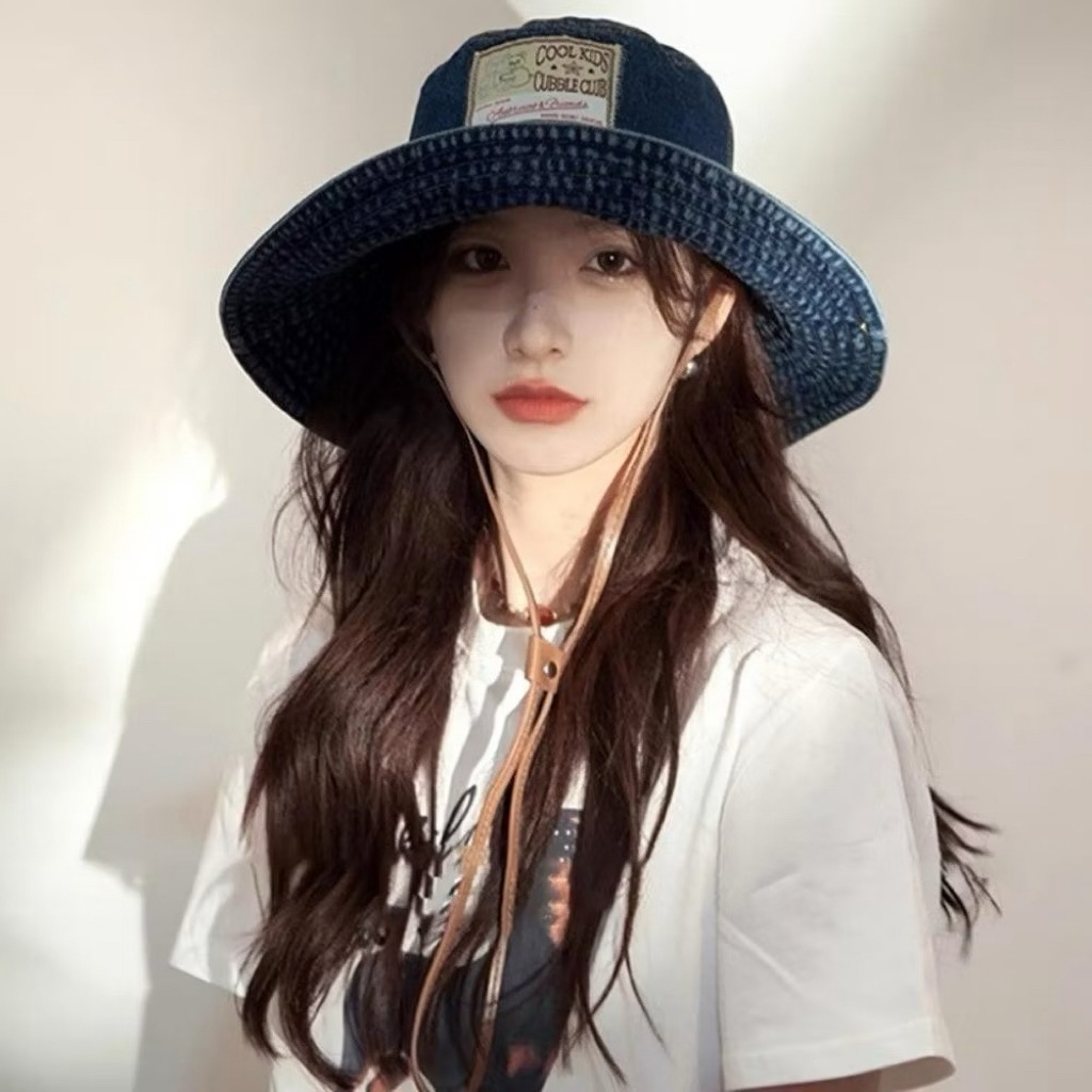 Mũ bucket jean nữ vành rộng có dây rút - Nón tai bèo denim phong cách Hàn Quốc