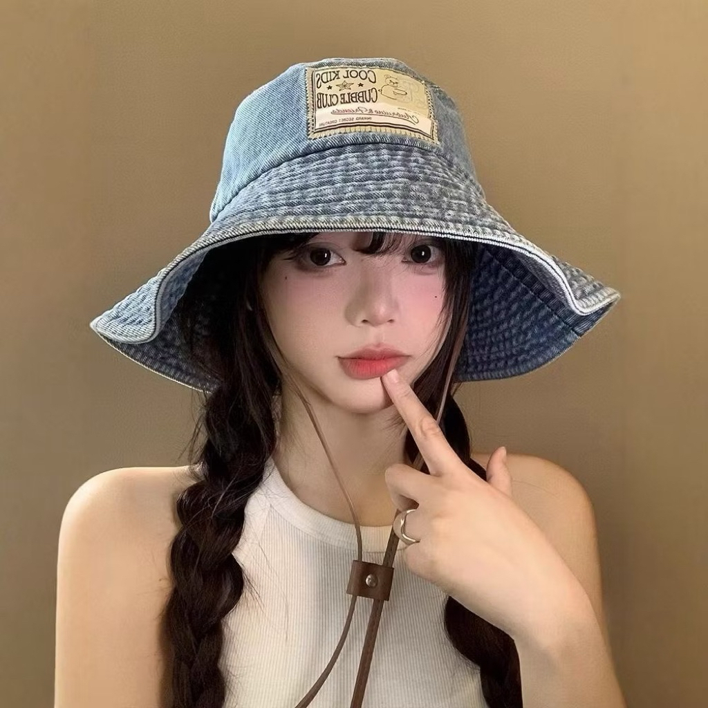 Mũ bucket jean nữ vành rộng có dây rút - Nón tai bèo denim phong cách Hàn Quốc