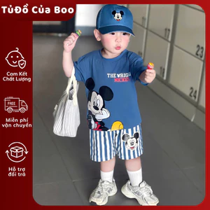Tặng Nón-Bộ Quần Áo Bé Trai Mickey Xanh,Set Áo Thun Quần Short Cotton Mềm Mát Cho Bé Trai 9-17kg A33