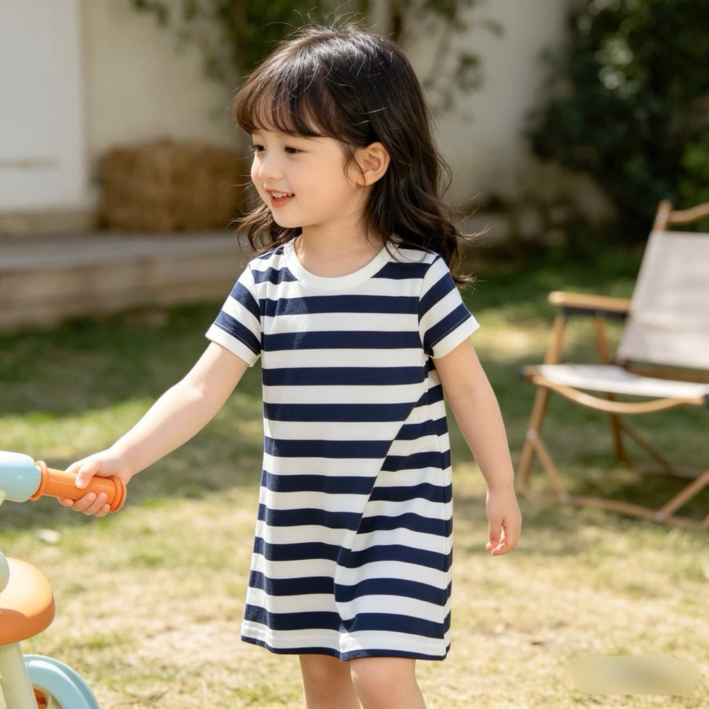 [Sale hàng lỗi] Áo váy bé gái kẻ xuất dư A665 dáng basic cho bé 8–22kg (80–130cm) xinh xắn, thoải mái