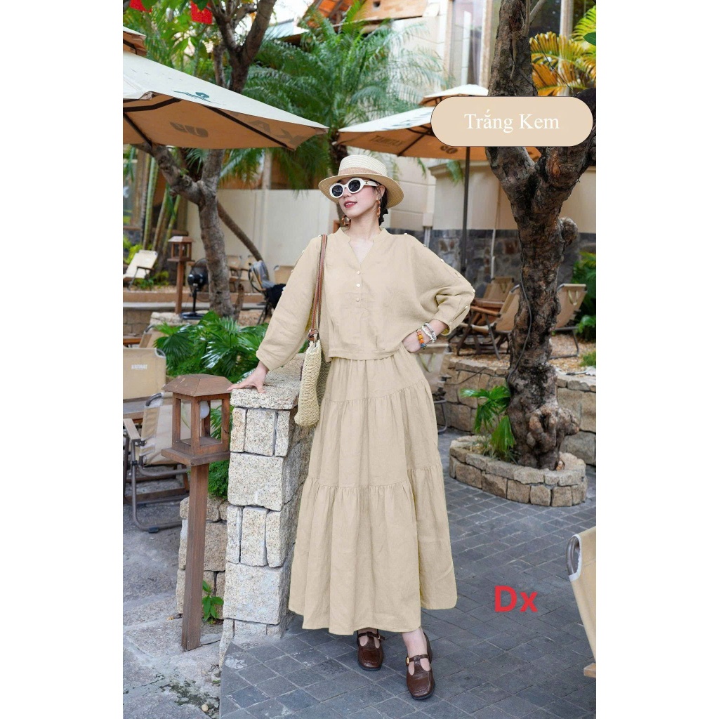 Set đũi nữ vintage – áo tay lỡ + chân váy dài tầng dáng xòe nhẹ nhàng