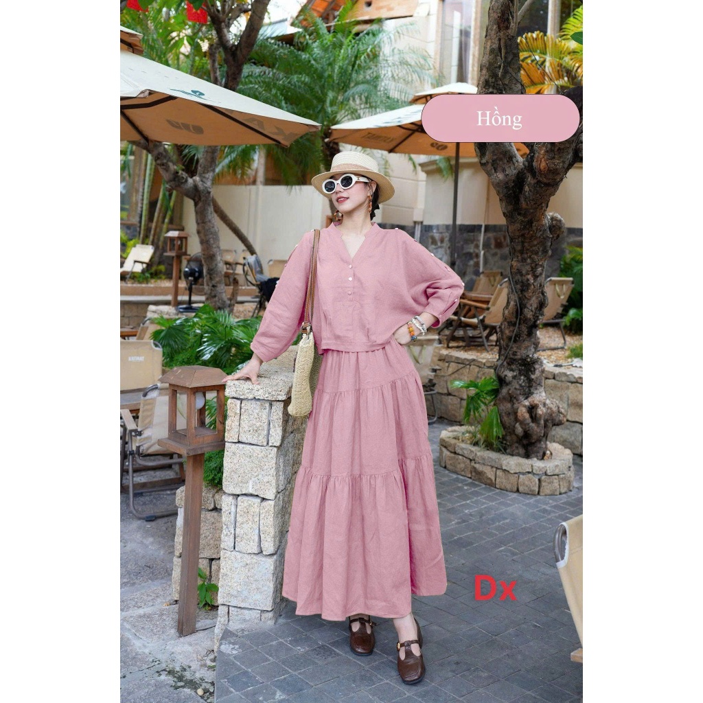 Set đũi nữ vintage – áo tay lỡ + chân váy dài tầng dáng xòe nhẹ nhàng