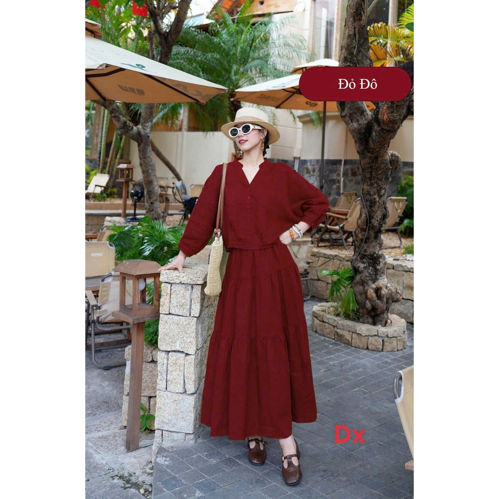 Set đũi nữ vintage – áo tay lỡ + chân váy dài tầng dáng xòe nhẹ nhàng