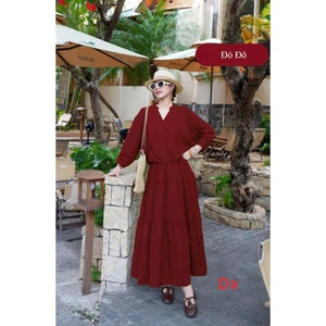 Set đũi nữ vintage – áo tay lỡ + chân váy dài tầng dáng xòe nhẹ nhàng