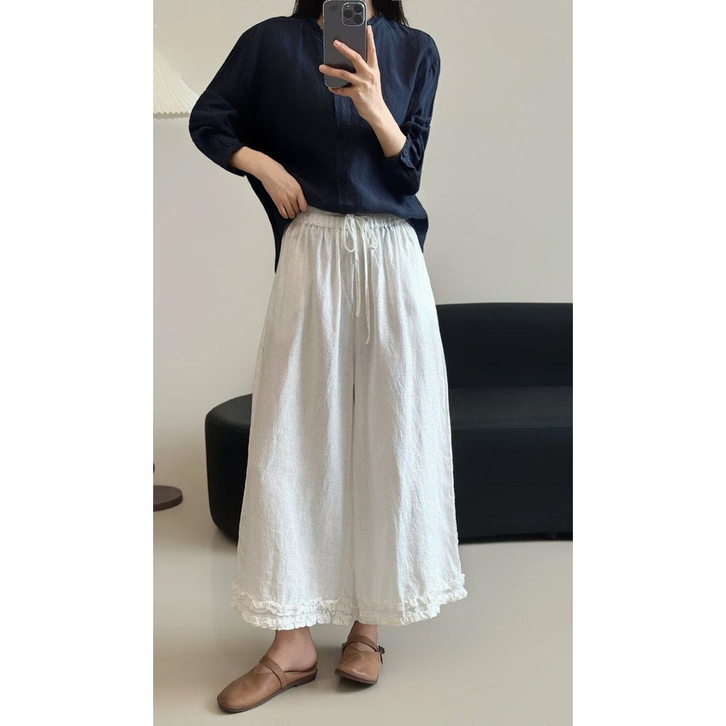Quần Dài Nữ QC Dáng Suông Rộng Phối Gấu Bèo Nữ Tính Hàn Quốc Chất Đũi Linen Siêu Đẹp Xuân Hè - SANA CLOSET #8863