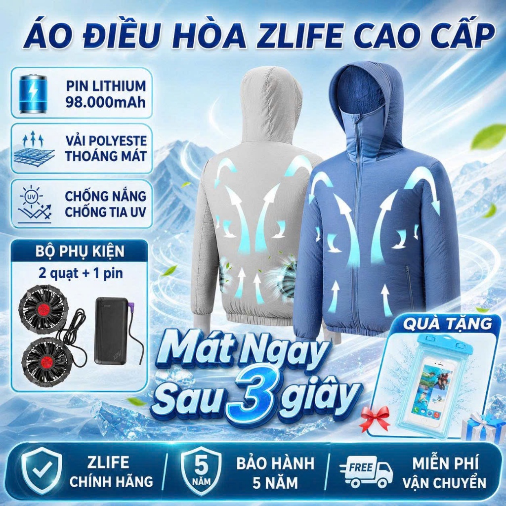 Áo Điều Hoà Cao Cấp Zlife Pin 98000mAh, Áo Chống Nắng Nam Nữ Có Quạt Gió Điều Hoà Làm Mát Cực Nhanh