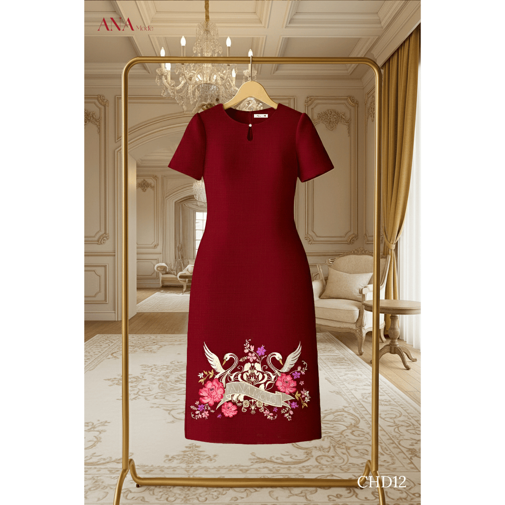 Đầm Thêu Hoa Trung Niên ANA Mode Chất Liệu Dệt Thoi Thanh Lịch Đi Tiệc Quà Tặng Mẹ DM25CHD12