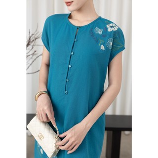 SWANLAKE | Váy Đầm Nữ Maxi Suông Tay Ngắn Cổ Tròn Cài Nút Vải Linen Thêu Hoa Có Túi Công Sở D13570