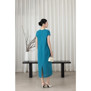SWANLAKE | Váy Đầm Nữ Maxi Suông Tay Ngắn Cổ Tròn Cài Nút Vải Linen Thêu Hoa Có Túi Công Sở D13570