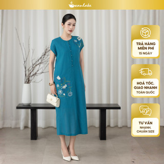 SWANLAKE | Váy Đầm Nữ Maxi Suông Tay Ngắn Cổ Tròn Cài Nút Vải Linen Thêu Hoa Có Túi Công Sở D13570