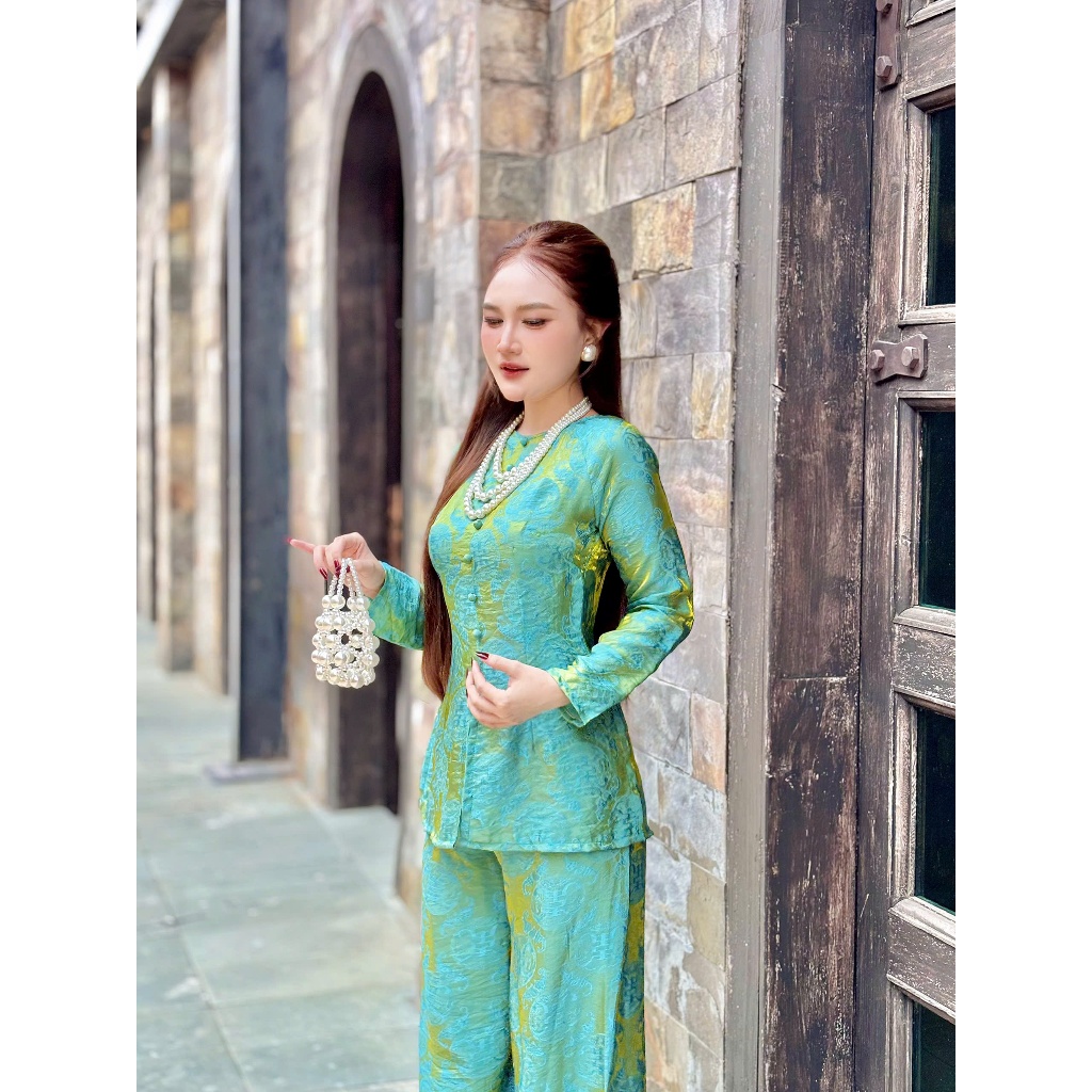 B.A197 - Bộ Bà Ba Gấm Tơ Tencel Ánh Kim Dệt Hoạ Tiết Sang Mịn ( Quần Cùng Chất Dây Kéo )