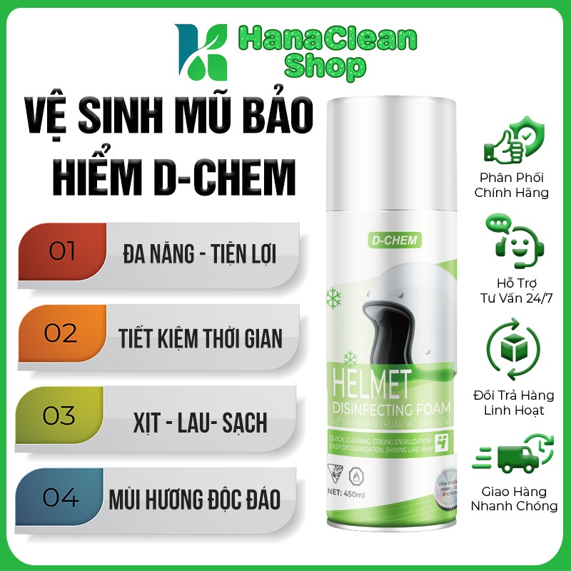 [VỆ SINH MUBAHI 450ml] Xịt bọt vệ sinh MŨ BẢO HIỂM chuyên dụng D-chem - Diệt Khuẩn, Khử Mùi Hôi (S)