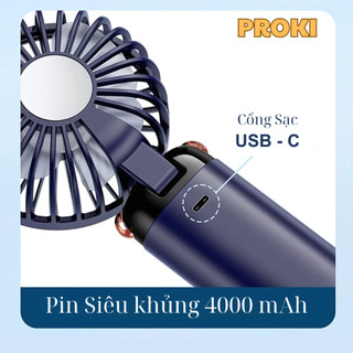 Quạt Mini Cầm Tay Để Bàn Proki Quạt Cầm Tay 5 Cấp Gió Đèn LED, Đeo Cổ & Để Bàn, Có Thể Tháo Rời, Pin 1200/2400/4000mA