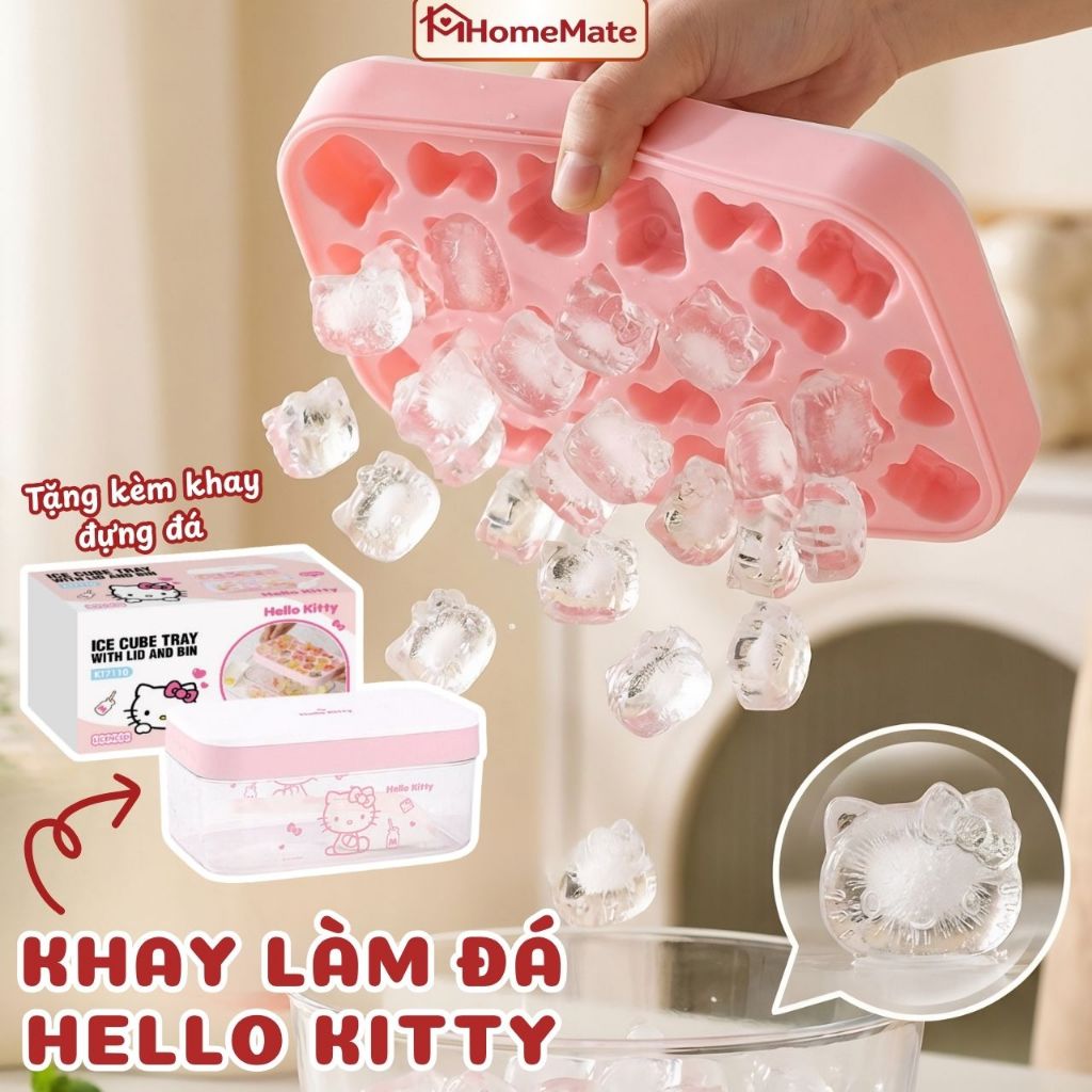 Khay Đá Silicone 24 Viên Có Nắp HomeMate, Khuôn Hello Kitty Làm Đá, Thạch, Socola Kèm Hộp Đựng Tiện Lợi