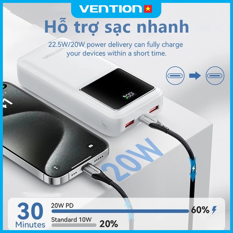 Sạc Dự Phòng 10000mAh 22.5W Vention, 4 Cổng USB/Type-C/Micro, Hỗ Trợ Sạc Nhanh PD 3.0