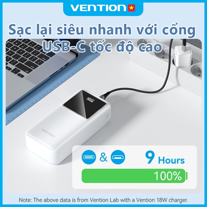 Sạc Dự Phòng 10000mAh 22.5W Vention, 4 Cổng USB/Type-C/Micro, Hỗ Trợ Sạc Nhanh PD 3.0