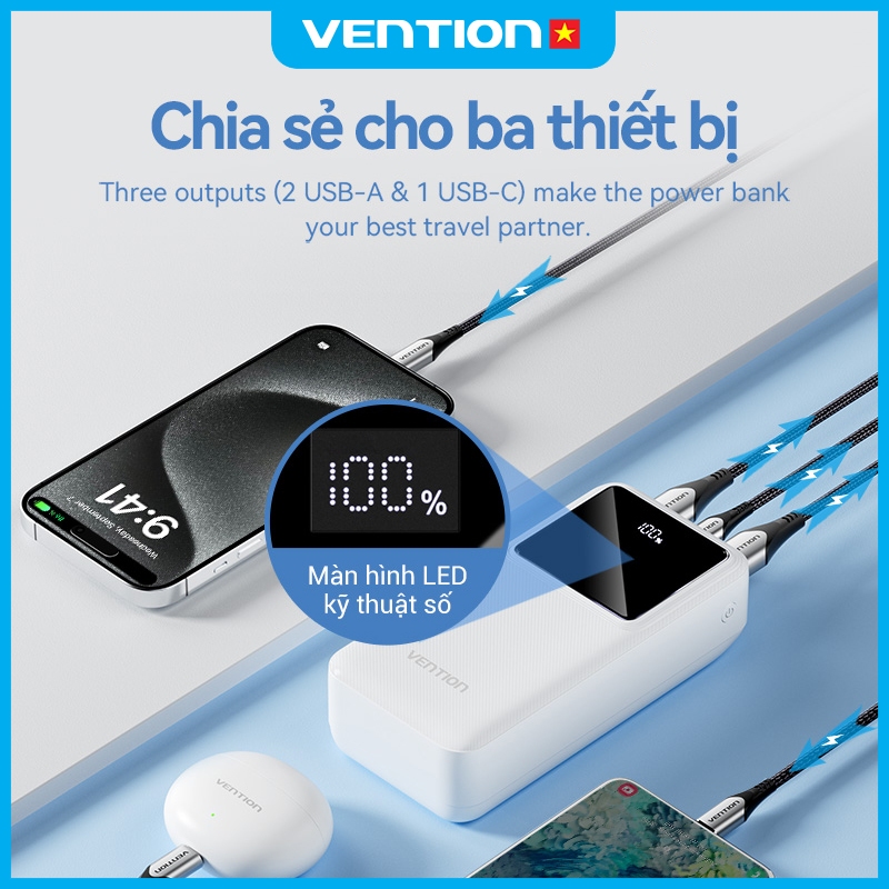 Sạc Dự Phòng 10000mAh 22.5W Vention, 4 Cổng USB/Type-C/Micro, Hỗ Trợ Sạc Nhanh PD 3.0