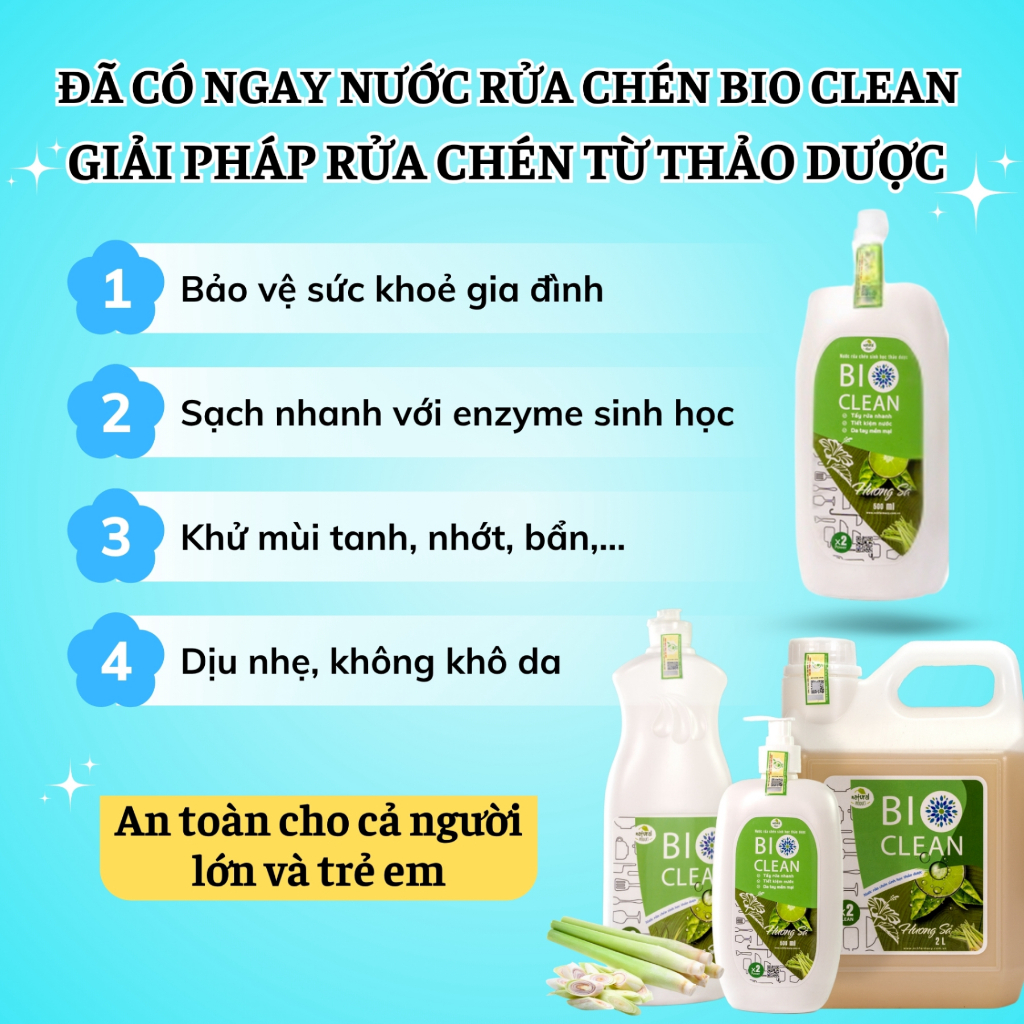 Nước Rửa Bát Thiên Nhiên Bio Clean Khử Mùi Tanh, Dầu Mỡ, Nước Rửa Chén Chanh Xả Lô Hội Thơm Hơn Nước Rửa Chén Sunlight