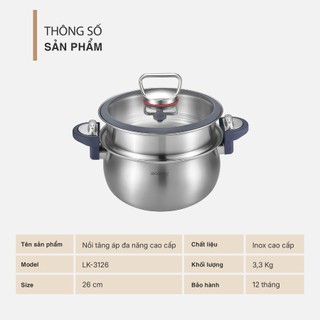 Nồi Tăng Áp Đa Năng Lock&King LK-3126 Inox 5 Lớp Có Xửng Hấp Cao Cấp