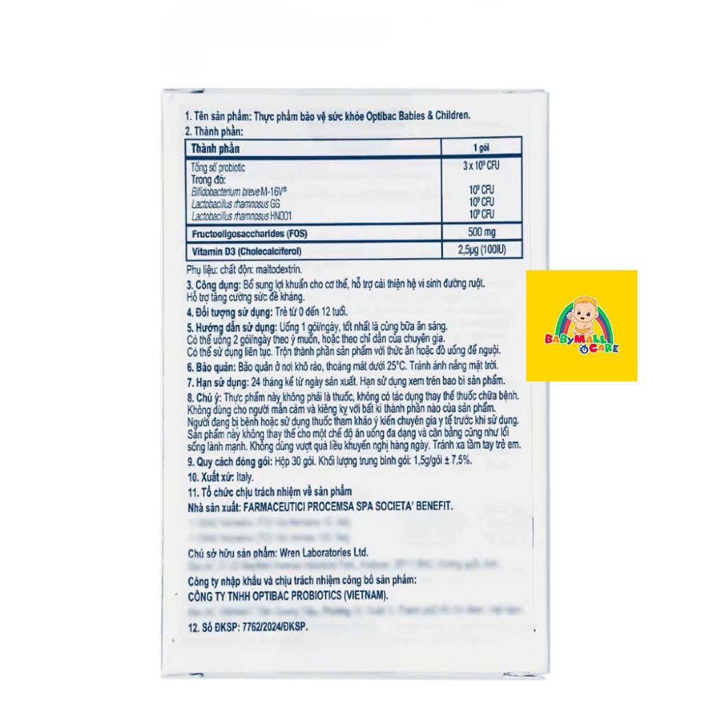 Men Vi Sinh Optibac Babies & Children Hỗ Trợ Tiêu Hóa Tăng Đề Kháng Hộp 30 Gói | Babymall & Care