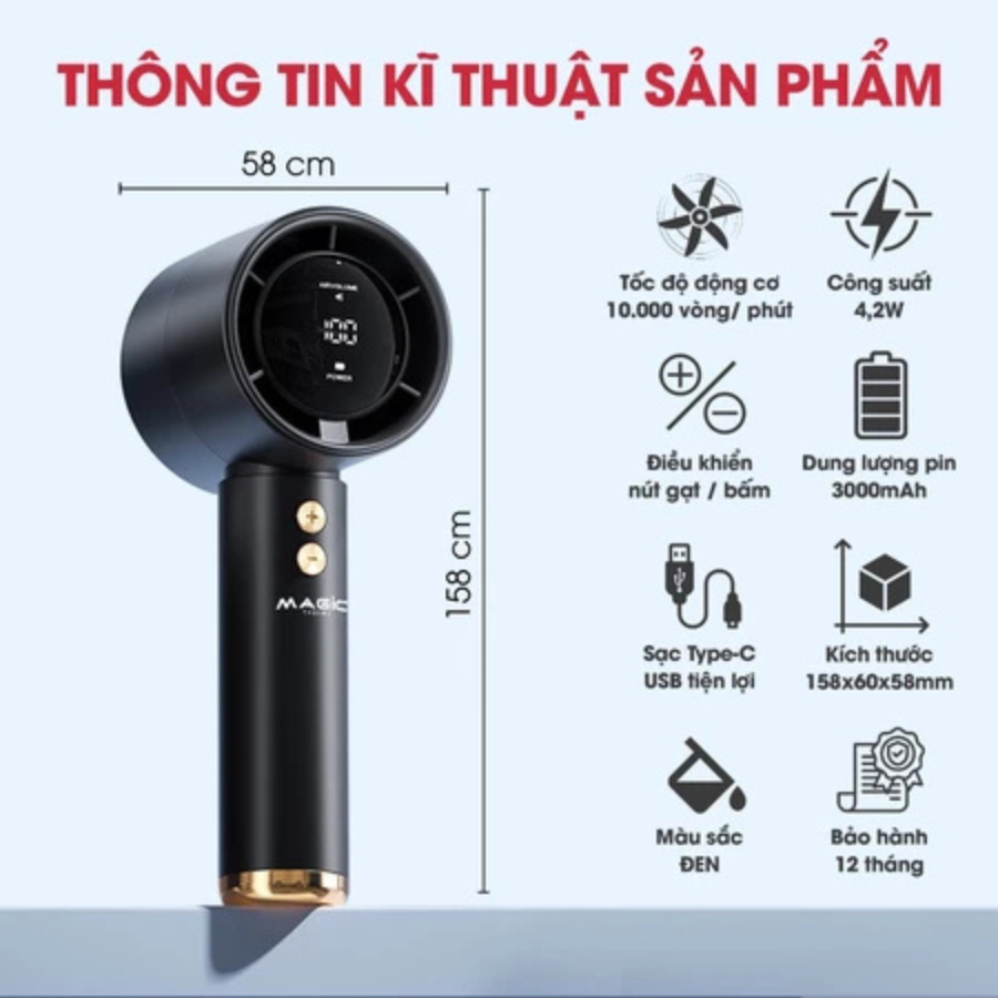 Quạt Sạc Cầm Tay Mini Magic A-009 - Nhỏ Gọn, 3 Cấp Độ Gió, Pin Sạc Tiện Lợi - Hàng Chính Hãng