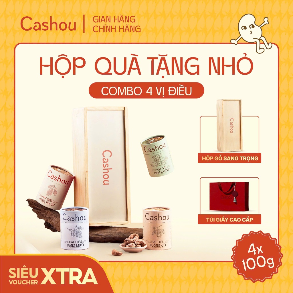 Combo Hạt Điều 4 Vị Cao Cấp Cashou Kèm Hộp Gỗ Sang Trọng – Quà Tặng Tết/Doanh Nghiệp