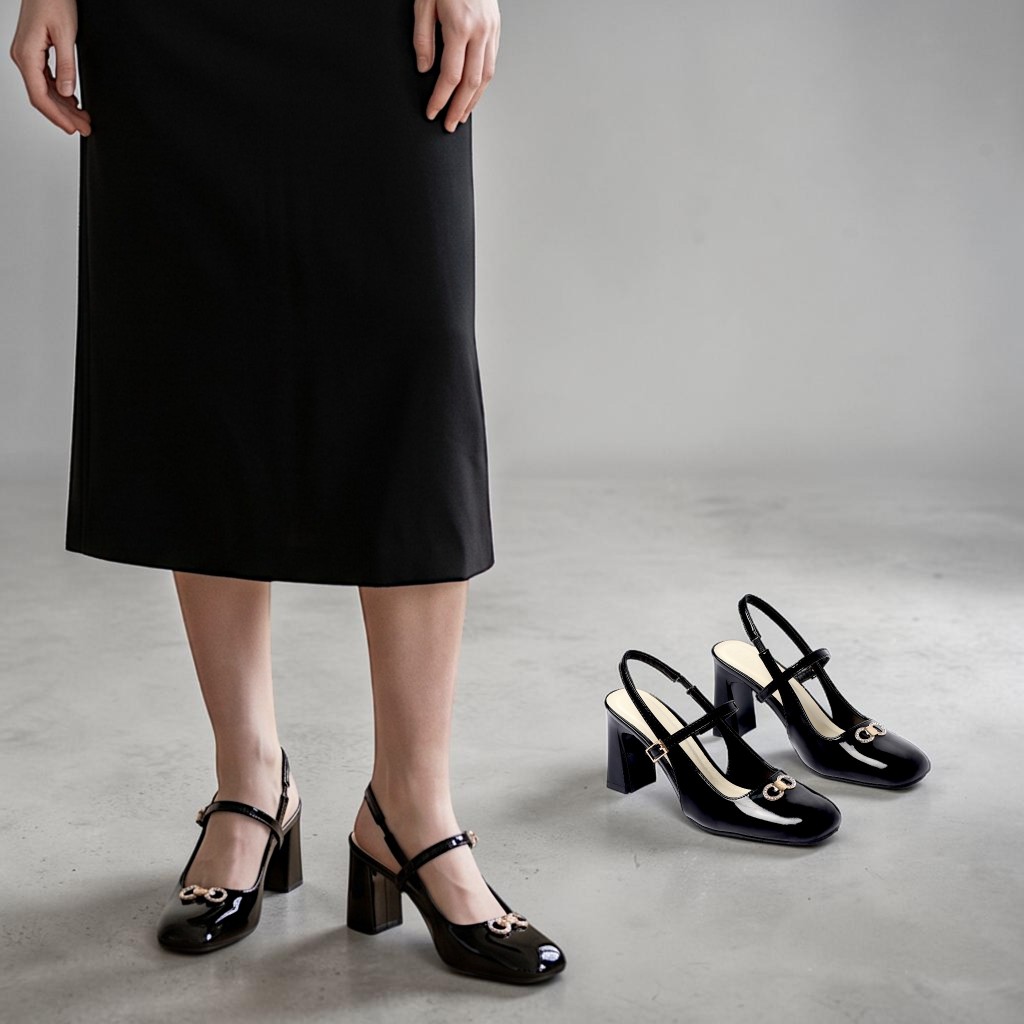 Giày Slingback Cao Gót Nữ 7cm Quai Ngang Đính Khóa Pixie H459