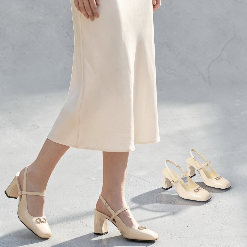 Giày Slingback Cao Gót Nữ 7cm Quai Ngang Đính Khóa Pixie H459