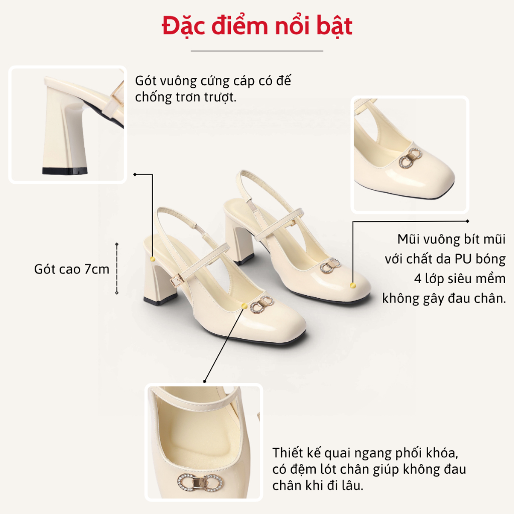 Giày Slingback Cao Gót Nữ 7cm Quai Ngang Đính Khóa Pixie H459