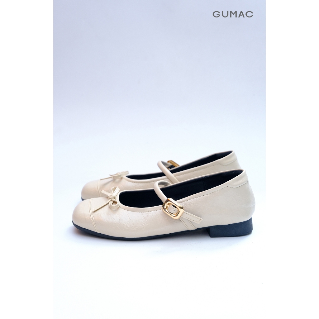 Giày Bệt Nữ GUMAC Giày Búp Bê Mũi Tròn Đính Nơ Da PU Có Quai Ngang Khóa Kim Loại Êm Chân GG05027