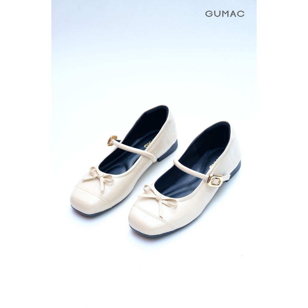 Giày Bệt Nữ GUMAC Giày Búp Bê Mũi Tròn Đính Nơ Da PU Có Quai Ngang Khóa Kim Loại Êm Chân GG05027