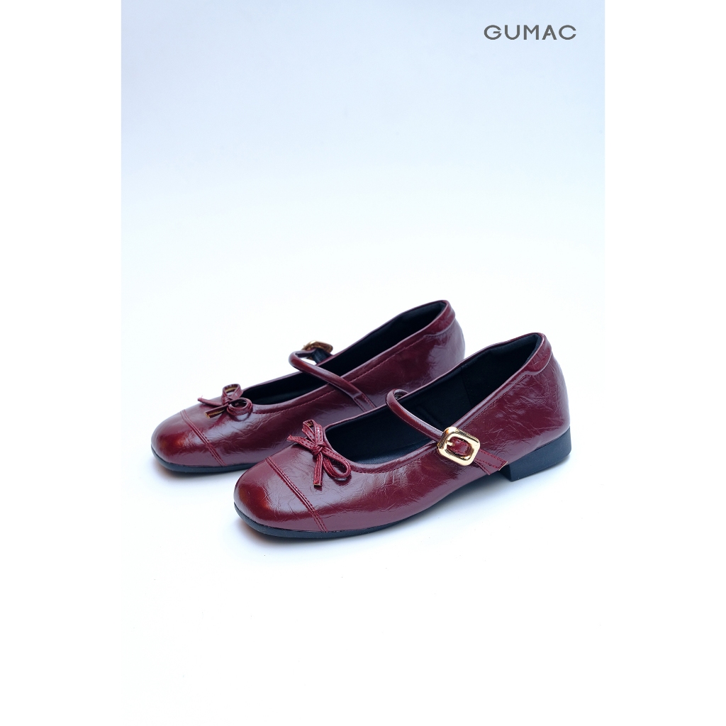 Giày Bệt Nữ GUMAC Giày Búp Bê Mũi Tròn Đính Nơ Da PU Có Quai Ngang Khóa Kim Loại Êm Chân GG05027