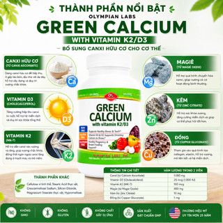 Viên uống canxi hữu cơ cho cơ thể Olympian Labs Green Calcium with Vitamin K2/D3 hộp 100 viên