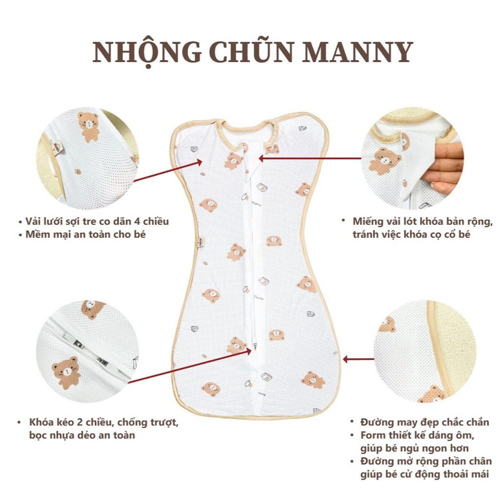 Nhộng Chũn MANNY Thun Lạnh Cho Bé Sơ Sinh – Thiết Kế Khóa Kéo 2 Chiều, An Toàn Cho Da Bé - Cocoro Baby