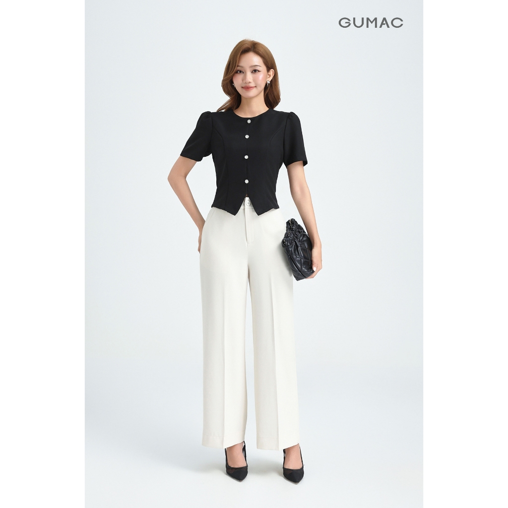 Áo Kiểu Nữ GUMAC Form Lửng Tay Ngắn Thiết Xẻ Lai V Đính Nút Trang Trí Thanh Lịch LAG0414
