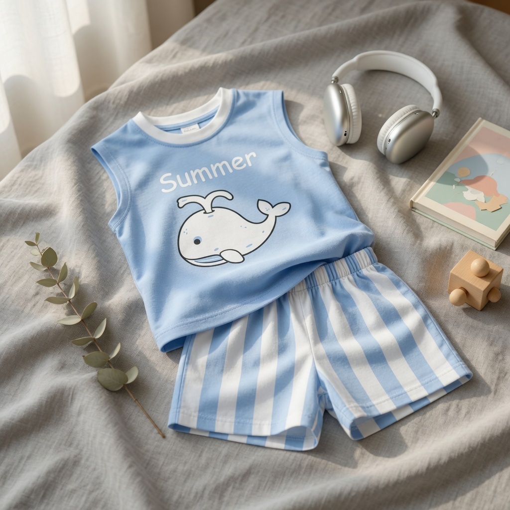 Bộ Sát Nách Bé Trai Cotton Cao Cấp Hình Cá Voi Summer - Đồ Bộ Hè Cho Bé Thấm Hút Mồ Hôi (1-6 tuổi)