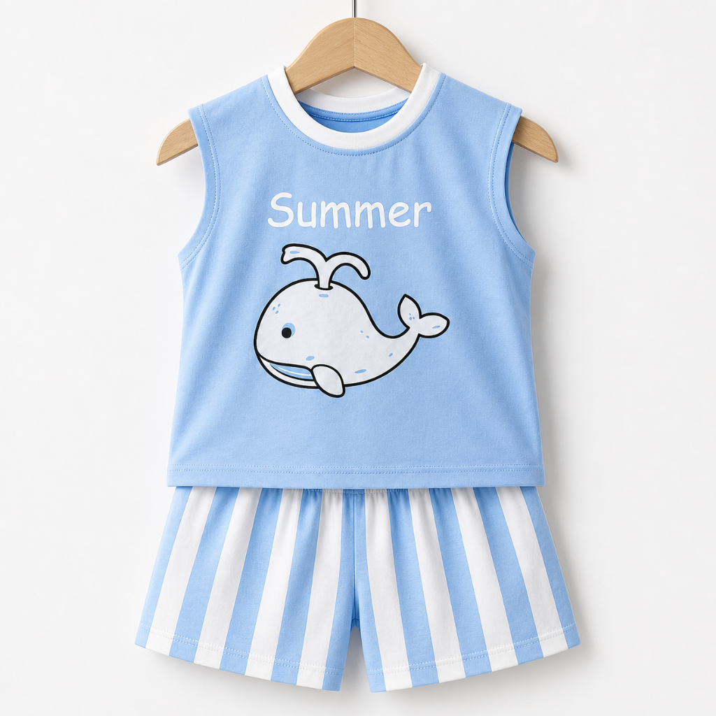 Bộ Sát Nách Bé Trai Cotton Cao Cấp Hình Cá Voi Summer - Đồ Bộ Hè Cho Bé Thấm Hút Mồ Hôi (1-6 tuổi)
