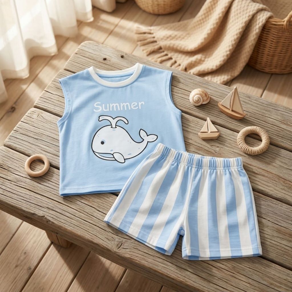 Bộ Sát Nách Bé Trai Cotton Cao Cấp Hình Cá Voi Summer - Đồ Bộ Hè Cho Bé Thấm Hút Mồ Hôi (1-6 tuổi)