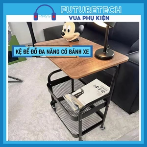 Xe đẩy, Kệ để đồ đa năng bằng kim loại thép carbon có giỏ 3 tầng kèm bánh xe chắc chắn mặt gỗ xịn