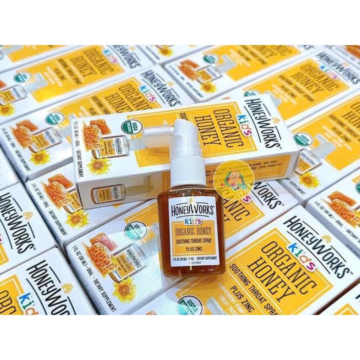 Xịt Họng HoneyWorks Kids Organic Honey Plus Zinc Giảm Ho Dịu Cổ Họng 30ml | Babymall & Care